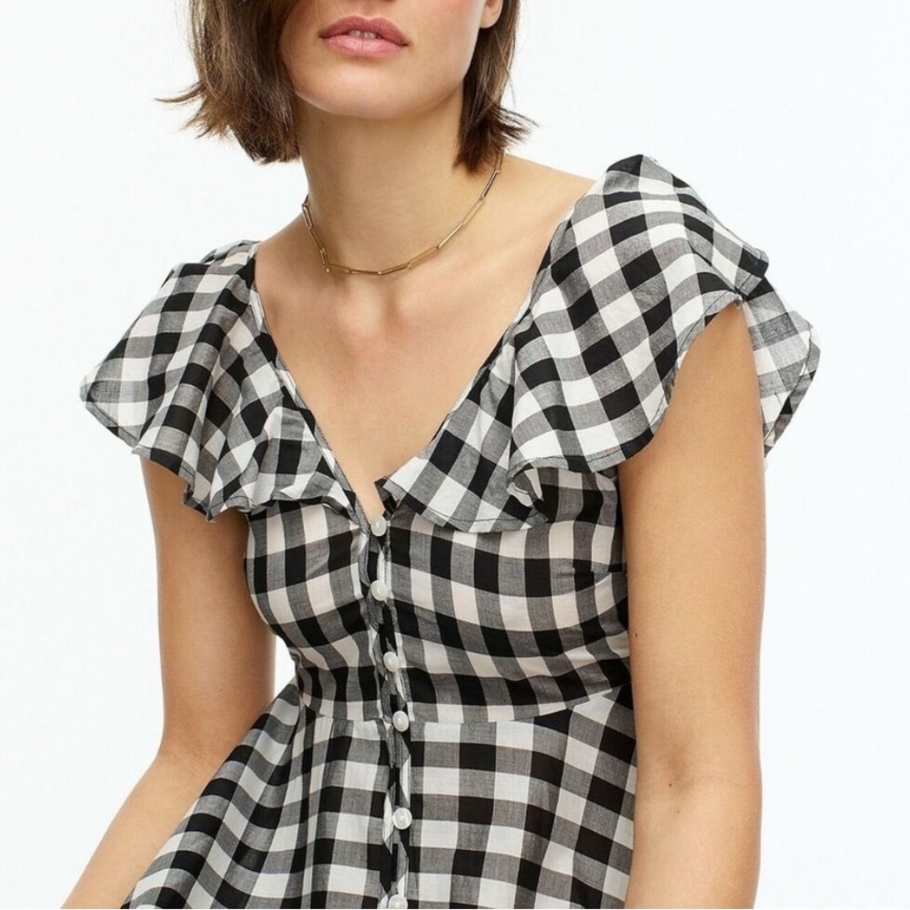 J. Crew Beachwear Button Front Ruffle Dress Black and White Gingham Sz med - Picture 16 of 16